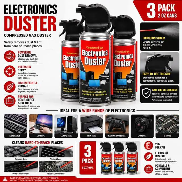 Alt view image 2 of 2 - HØMEBRIGHT Electronics Duster, Compressed Gas Air Duster for Electronics and Hard-to-Reach Areas, Removes Dust and Lint from Keyboards, Computers, Printers and More, 2 oz Cans (Pack of 3)