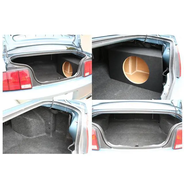 Alt view image 5 of 5 - Single 10" Subwoofer Box Fits 2005-2014 Ford Mustang Coupe Sealed ASC | Air-tight MDF shell, durable carpet, hugs the rear wall, heavy-duty terminals, 10 inch trunk fit