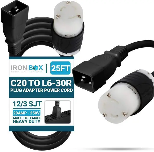 Main image of IronBox Electric IEC C20 to L6-30R Plug Adapter Power Cord - 20A, 250V, 12/3 SJT - UL Listed Power Supply - Heavy Duty Extension Cable for Data Centers, PDUs, Generator, Amplifier & More (25ft, Build)