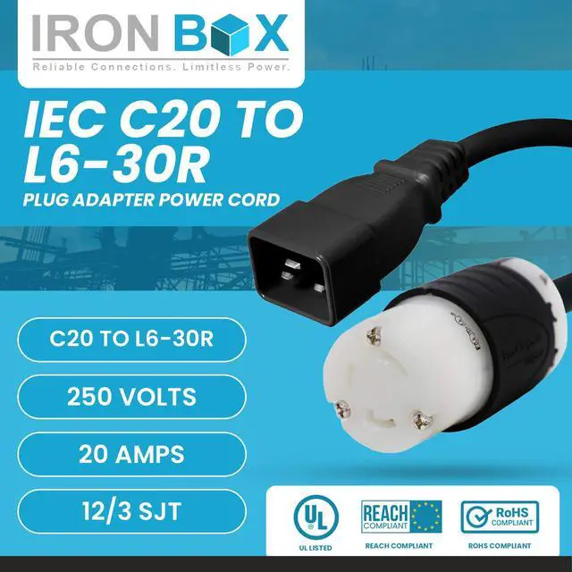 Alt view image 2 of 7 - IronBox Electric IEC C20 to L6-30R Plug Adapter Power Cord - 20A, 250V, 12/3 SJT - UL Listed Power Supply - Heavy Duty Extension Cable for Data Centers, PDUs, Generator, Amplifier & More (6ft, Build)