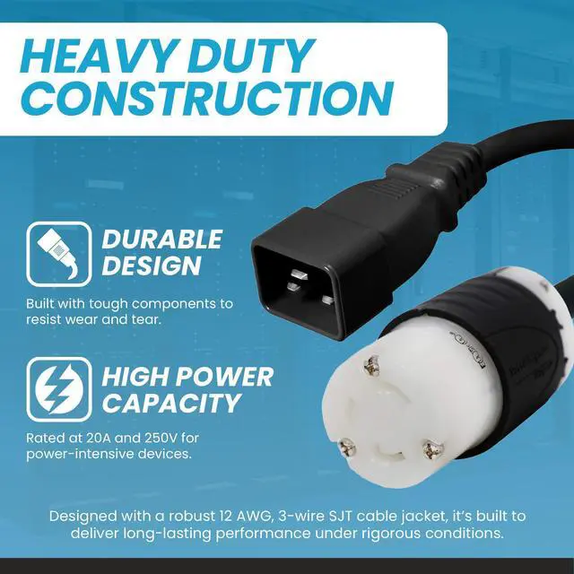 Alt view image 3 of 7 - IronBox Electric IEC C20 to L6-30R Plug Adapter Power Cord - 20A, 250V, 12/3 SJT - UL Listed Power Supply - Heavy Duty Extension Cable for Data Centers, PDUs, Generator, Amplifier & More (6ft, Build)