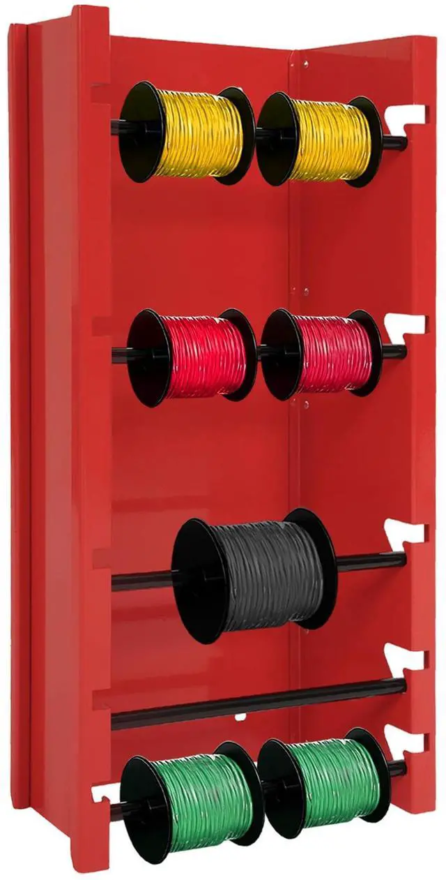 Main image of Wall-Mounted Wire Spool Holder, 5-Rod Steel Storage & Display Rack | Cable Dispenser for Electrical, Industrial & Retail - 26" x 13.7" x 6", Red/Black