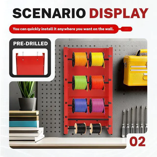 Alt view image 3 of 7 - Wall-Mounted Wire Spool Holder, 5-Rod Steel Storage & Display Rack | Cable Dispenser for Electrical, Industrial & Retail - 26" x 13.7" x 6", Red/Black