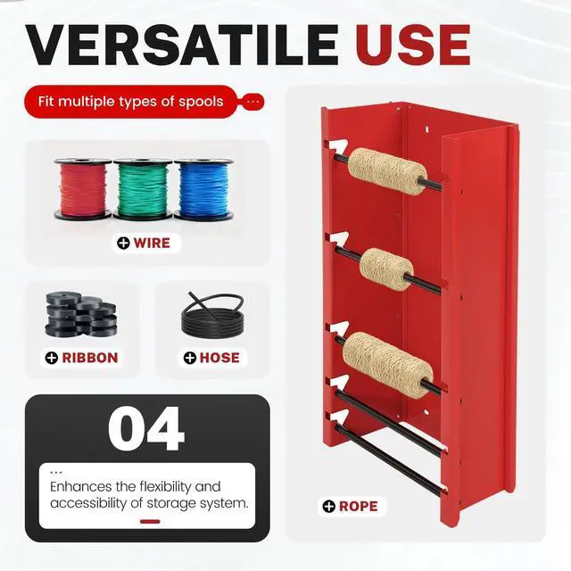 Alt view image 5 of 7 - Wall-Mounted Wire Spool Holder, 5-Rod Steel Storage & Display Rack | Cable Dispenser for Electrical, Industrial & Retail - 26" x 13.7" x 6", Red/Black