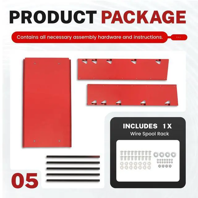 Alt view image 6 of 7 - Wall-Mounted Wire Spool Holder, 5-Rod Steel Storage & Display Rack | Cable Dispenser for Electrical, Industrial & Retail - 26" x 13.7" x 6", Red/Black