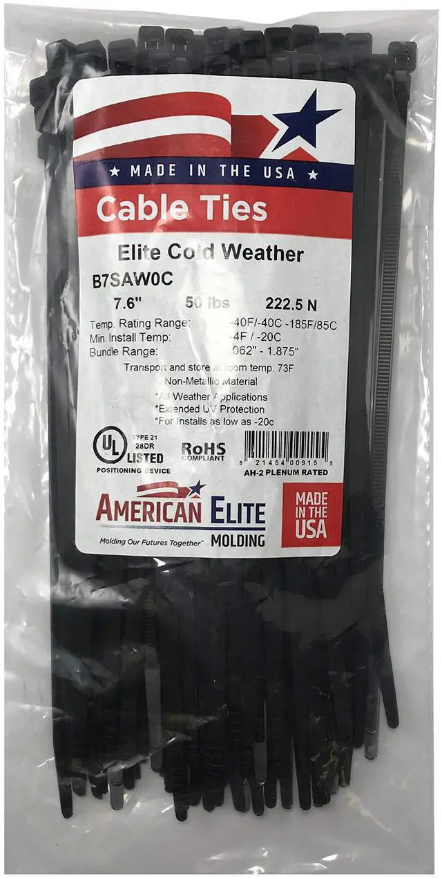 Main image of Cold Weather Black 7" Inch Cable Zip Ties 50 Pounds Tensile Strength UV Resistant Wire Wrap - 100 Pack - Made in USA