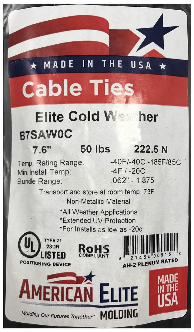 Alt view image 3 of 7 - Cold Weather Black 7" Inch Cable Zip Ties 50 Pounds Tensile Strength UV Resistant Wire Wrap - 100 Pack - Made in USA