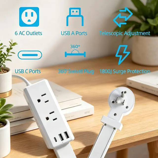 Alt view image 3 of 7 - Electrical Outlet Extender Stick, 360° Rotating Outlet Extender, Power Strip with 6 Outlets & 3 USB Ports,Rotating Plug Power Hub for Bedroom, Living Room, Office