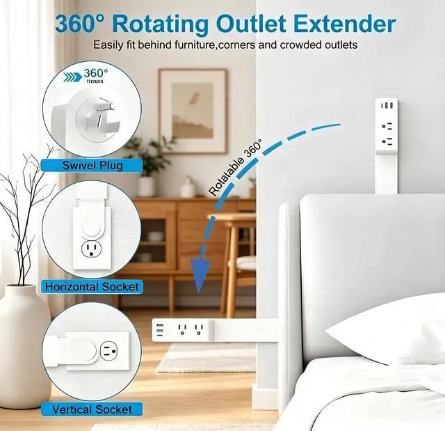 Alt view image 4 of 7 - Electrical Outlet Extender Stick, 360° Rotating Outlet Extender, Power Strip with 6 Outlets & 3 USB Ports,Rotating Plug Power Hub for Bedroom, Living Room, Office