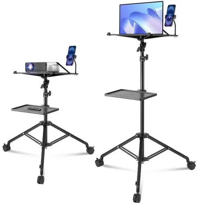 Main image of Projector Stand with Wheels, Laptop Stand Tripod Adjustable Height from 31.3 to 67.3", Projector Tripod Stand with 2 Trays & Gooseneck Phone Holder, for Outdoor Movies, Home, Office or Studio