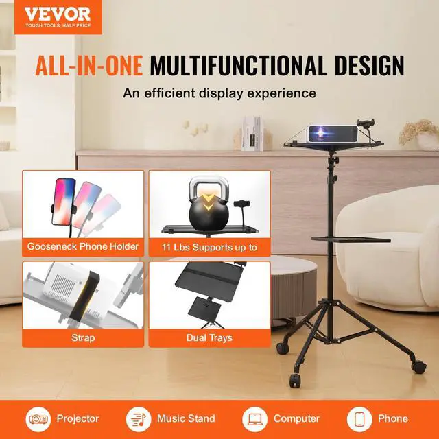 Alt view image 2 of 7 - Projector Stand with Wheels, Laptop Stand Tripod Adjustable Height from 31.3 to 67.3", Projector Tripod Stand with 2 Trays & Gooseneck Phone Holder, for Outdoor Movies, Home, Office or Studio
