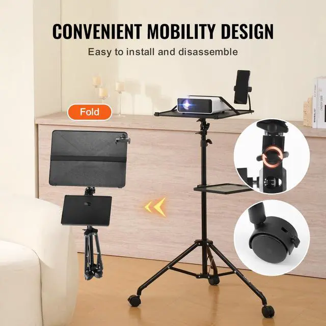 Alt view image 5 of 7 - Projector Stand with Wheels, Laptop Stand Tripod Adjustable Height from 31.3 to 67.3", Projector Tripod Stand with 2 Trays & Gooseneck Phone Holder, for Outdoor Movies, Home, Office or Studio