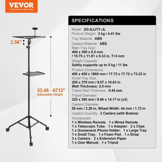 Alt view image 7 of 7 - Projector Stand with Wheels, Laptop Stand Tripod Adjustable Height from 31.3 to 67.3", Projector Tripod Stand with 2 Trays & Gooseneck Phone Holder, for Outdoor Movies, Home, Office or Studio
