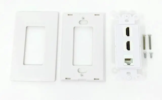 Alt view image 3 of 3 - 2 HDMI and 1 Cat5e White Ethernet Port Screwless Wall Plate Decorative