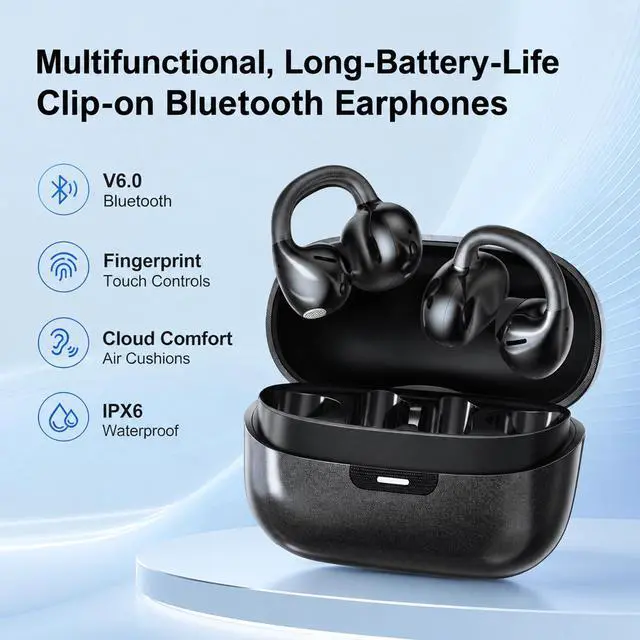 Alt view image 2 of 7 - Open Ear Clip-On Earbuds, Starry Blue | Bluetooth 6.0, Dual 11mm Drivers, Silicone Air Cushion, ENC Noise Cancelling Mic, IPX6 Waterproof, 42H Playtime