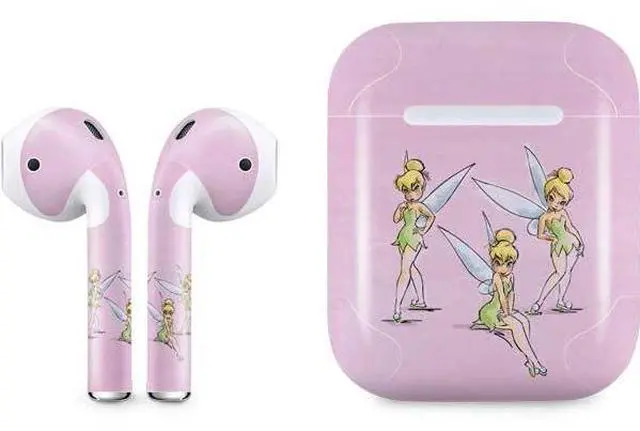 Main image of Decal Audio Skin Compatible with Apple AirPods - Officially Licensed Disney Tinker Bell Water Color Art Poses Design