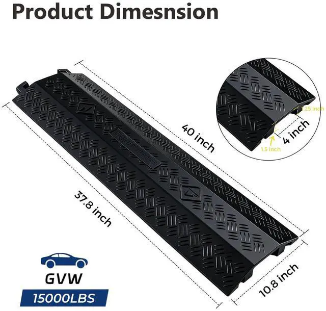 Alt view image 2 of 7 - Heavy Duty Cord Cover 2 Pack 40 Inch Cable Protector Ramp 11000 lbs, Outdoor Floor Wire Cover with 4" Wide Channel, Modular Interlocking Anti Trip Cable Ramp for Driveway Sidewalk Garage(Black)
