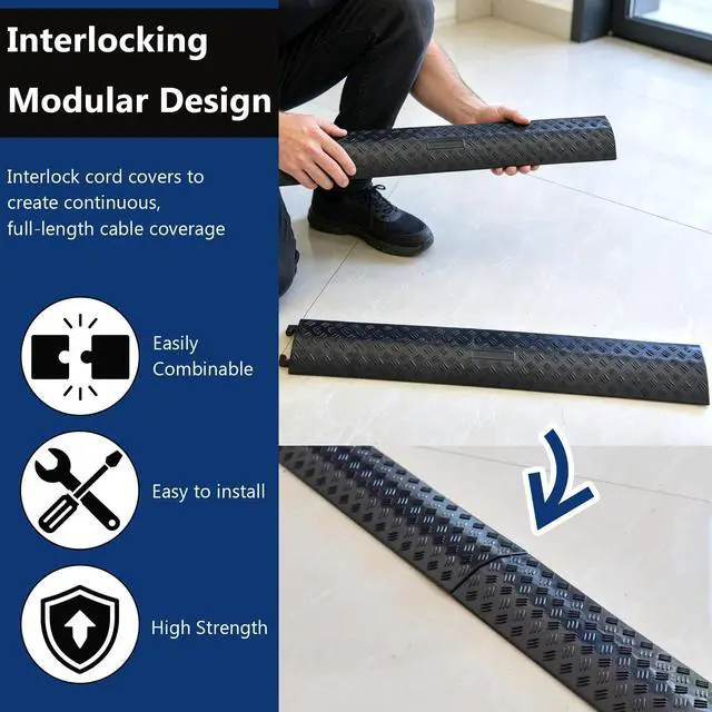 Alt view image 4 of 7 - Heavy Duty Cord Cover 2 Pack 40 Inch Cable Protector Ramp 11000 lbs, Outdoor Floor Wire Cover with 4" Wide Channel, Modular Interlocking Anti Trip Cable Ramp for Driveway Sidewalk Garage(Black)