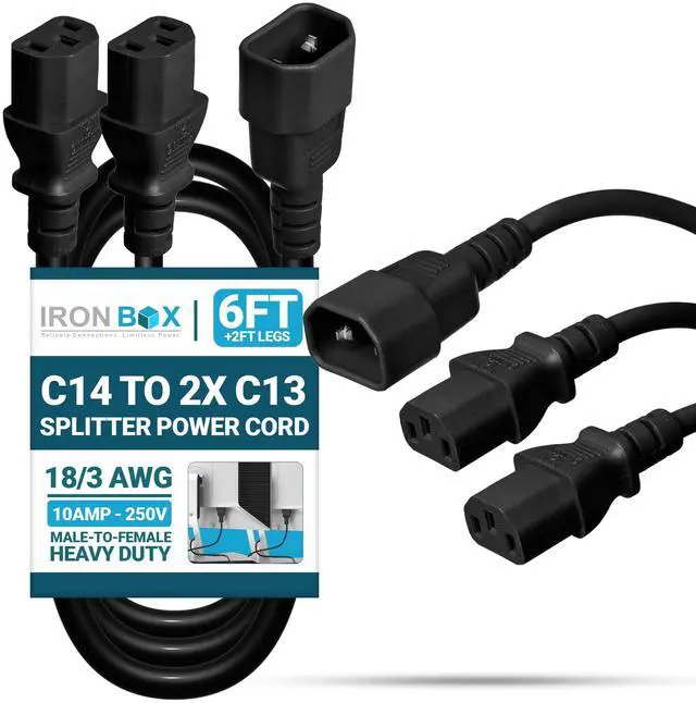 Main image of IronBox Electric IEC C14 to 2X C13 Splitter Power Cord - 10A, 250V, 18/3 AWG - UL Listed Power Extension Cable - Heavy Duty Adapter Cables for Computer, Monitor, PDU, Printer & More (6ft + 2ft Legs)