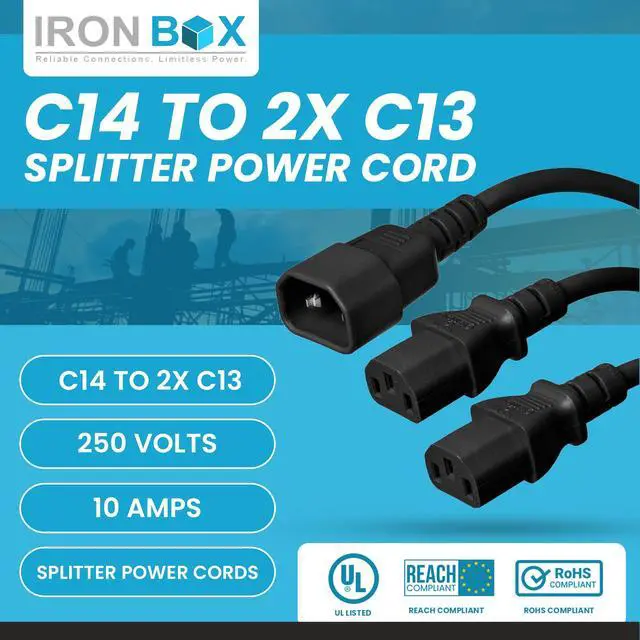 Alt view image 2 of 7 - IronBox Electric IEC C14 to 2X C13 Splitter Power Cord - 10A, 250V, 18/3 AWG - UL Listed Power Extension Cable - Heavy Duty Adapter Cables for Computer, Monitor, PDU, Printer & More (6ft + 2ft Legs)