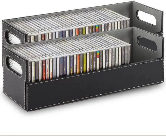 Main image of 2- Pack CD Storage Box, Organizer Shelf for Movie Cases, DVDs, Cassette Tape Display Stand, Disc Holder Can Store Up to 40 CDs, Faux Leather (Black with Gray Interior)