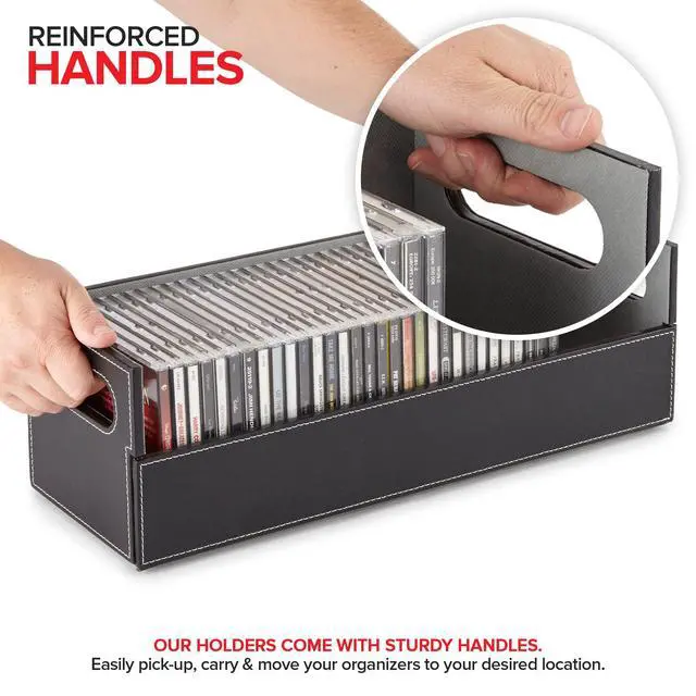Alt view image 2 of 7 - 2- Pack CD Storage Box, Organizer Shelf for Movie Cases, DVDs, Cassette Tape Display Stand, Disc Holder Can Store Up to 40 CDs, Faux Leather (Black with Gray Interior)