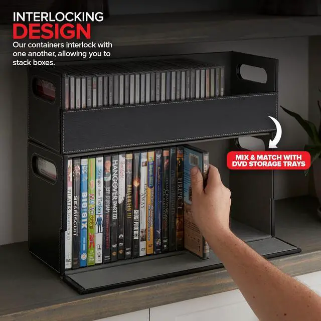 Alt view image 3 of 7 - 2- Pack CD Storage Box, Organizer Shelf for Movie Cases, DVDs, Cassette Tape Display Stand, Disc Holder Can Store Up to 40 CDs, Faux Leather (Black with Gray Interior)