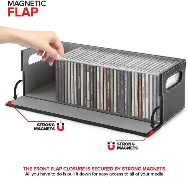 Alt view image 5 of 7 - 2- Pack CD Storage Box, Organizer Shelf for Movie Cases, DVDs, Cassette Tape Display Stand, Disc Holder Can Store Up to 40 CDs, Faux Leather (Black with Gray Interior)