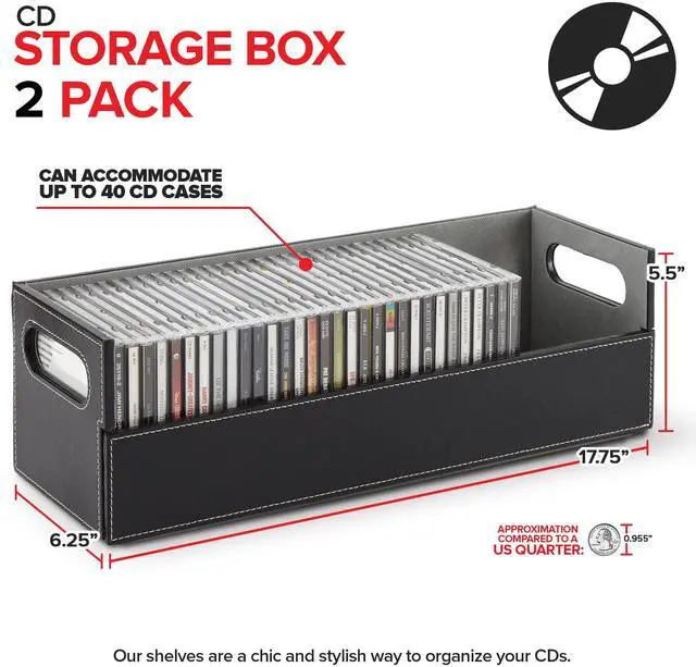 Alt view image 6 of 7 - 2- Pack CD Storage Box, Organizer Shelf for Movie Cases, DVDs, Cassette Tape Display Stand, Disc Holder Can Store Up to 40 CDs, Faux Leather (Black with Gray Interior)
