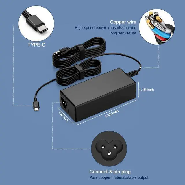 Alt view image 3 of 7 - 65W Chromebook Charger USB C Compatible with Lenovo Thinkpad USB C Laptop Charge Replacement for Hp Dell Chromebook 3100 Latitude 5420 Asus Samsung Acer Computer Charger Type-c Power Supply
