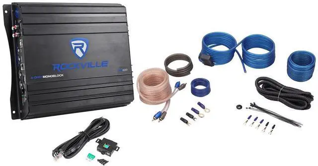 Main image of RVA600.1 1200W Peak Mono Car Amplifier with RWK10 Wiring Kit | 200W RMS, 4-Ohm Class AB, RCA and High-Level Inputs, Low-Pass and Subsonic Filters, Bass Knob, 10-Gauge Wire, 2-Items
