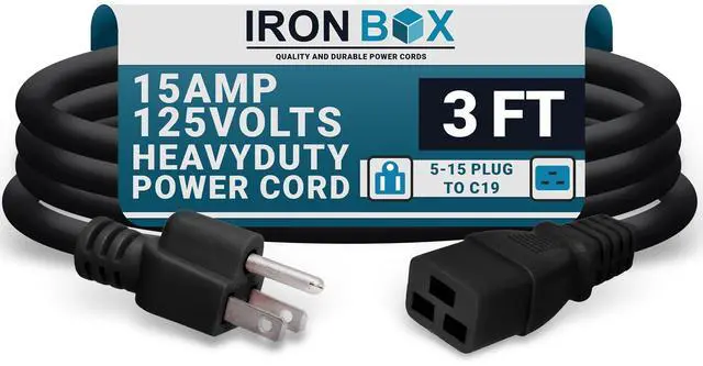 Main image of IronBox Electric - Heavy Duty 5-15P to C19 Power Cord - 15A, 125V, 14/3 SJT Jacket - Computer Power Supply Extension Cords - PSU Wire Connectors - Versatile for Home and Office Use(Black, 3 Foot)