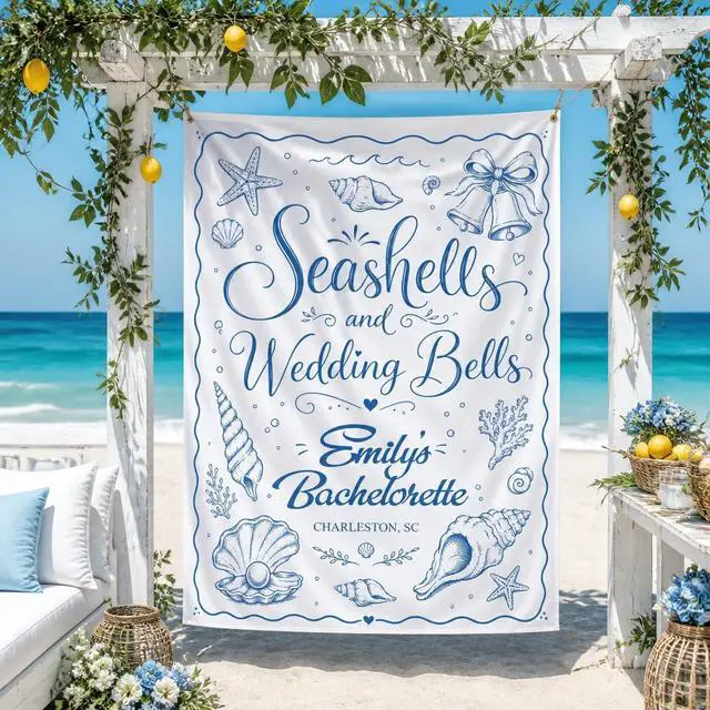 Main image of Personalized Seashells Wedding Bells Bachelorette Banner Backdrop Custom Name Bride To Be Beach Coastal Bach Party Photo Backdrop Bridal Shower Hen Party Bride Tribe Girls Night Decor Sign Art