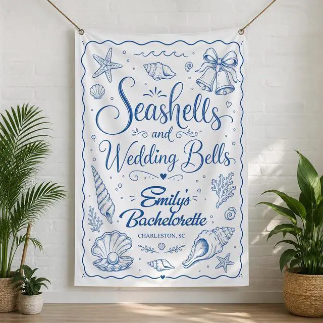 Alt view image 2 of 7 - Personalized Seashells Wedding Bells Bachelorette Banner Backdrop Custom Name Bride To Be Beach Coastal Bach Party Photo Backdrop Bridal Shower Hen Party Bride Tribe Girls Night Decor Sign Art