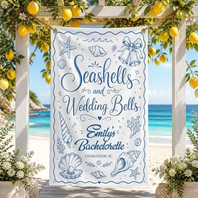 Alt view image 3 of 7 - Personalized Seashells Wedding Bells Bachelorette Banner Backdrop Custom Name Bride To Be Beach Coastal Bach Party Photo Backdrop Bridal Shower Hen Party Bride Tribe Girls Night Decor Sign Art