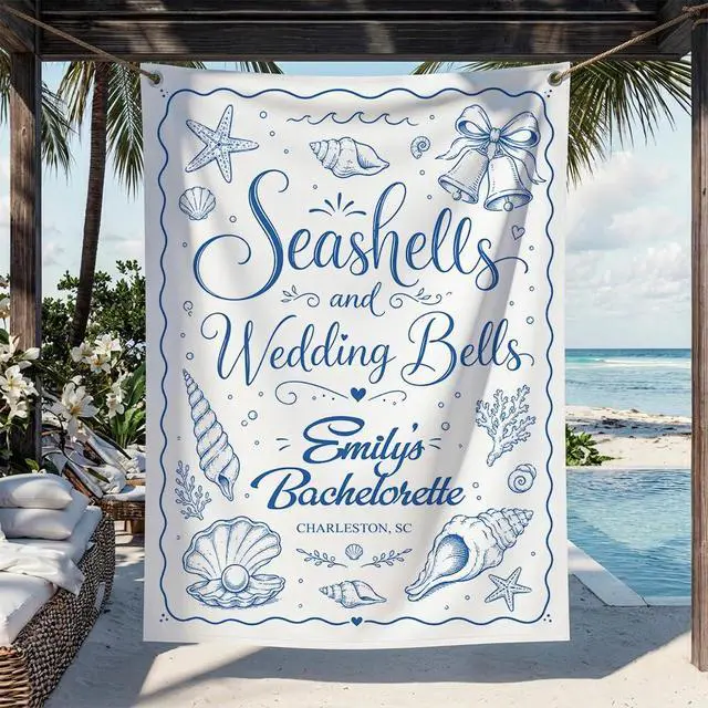 Alt view image 4 of 7 - Personalized Seashells Wedding Bells Bachelorette Banner Backdrop Custom Name Bride To Be Beach Coastal Bach Party Photo Backdrop Bridal Shower Hen Party Bride Tribe Girls Night Decor Sign Art