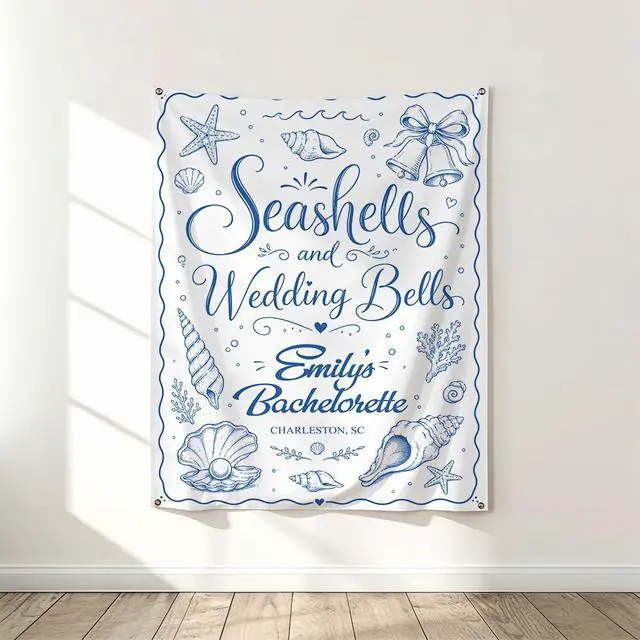 Alt view image 5 of 7 - Personalized Seashells Wedding Bells Bachelorette Banner Backdrop Custom Name Bride To Be Beach Coastal Bach Party Photo Backdrop Bridal Shower Hen Party Bride Tribe Girls Night Decor Sign Art