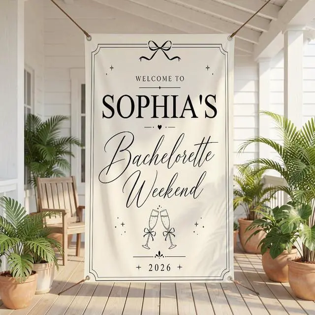 Main image of Personalized Elegant Bachelorette Banner Backdrop Custom Name Bride To Be Destination Welcome Sign Bach Party Photo Backdrop Bridal Shower Hen Party Girls Night Minimalist Decor Wall Art Tapestry