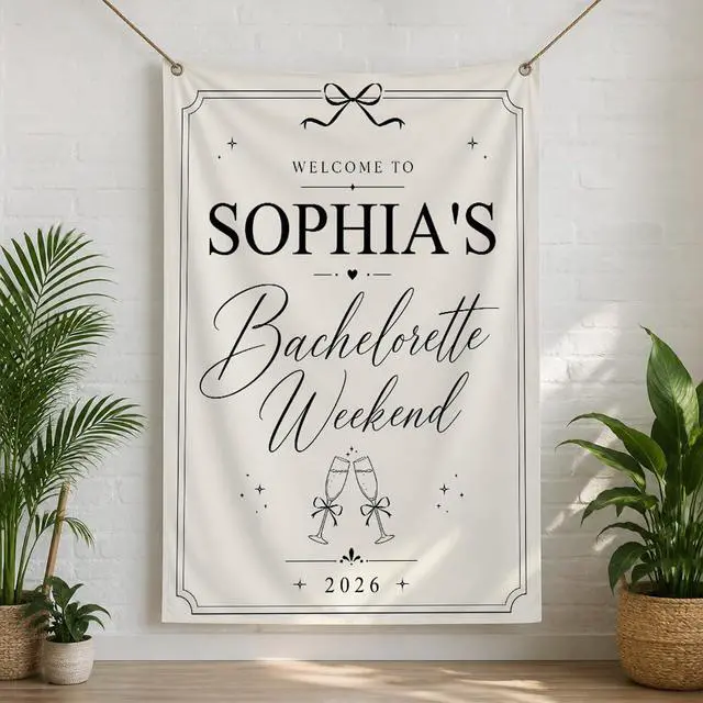 Alt view image 2 of 7 - Personalized Elegant Bachelorette Banner Backdrop Custom Name Bride To Be Destination Welcome Sign Bach Party Photo Backdrop Bridal Shower Hen Party Girls Night Minimalist Decor Wall Art Tapestry