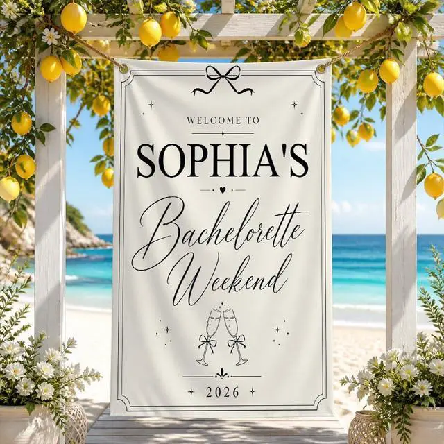Alt view image 3 of 7 - Personalized Elegant Bachelorette Banner Backdrop Custom Name Bride To Be Destination Welcome Sign Bach Party Photo Backdrop Bridal Shower Hen Party Girls Night Minimalist Decor Wall Art Tapestry