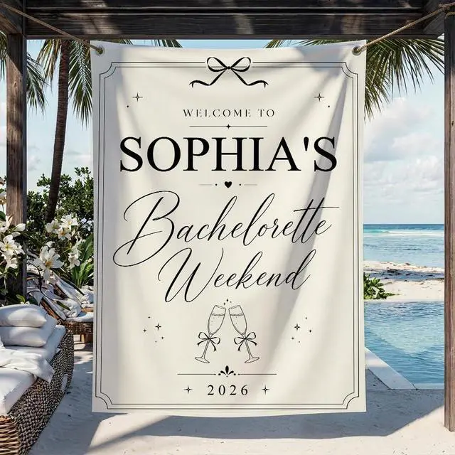 Alt view image 4 of 7 - Personalized Elegant Bachelorette Banner Backdrop Custom Name Bride To Be Destination Welcome Sign Bach Party Photo Backdrop Bridal Shower Hen Party Girls Night Minimalist Decor Wall Art Tapestry