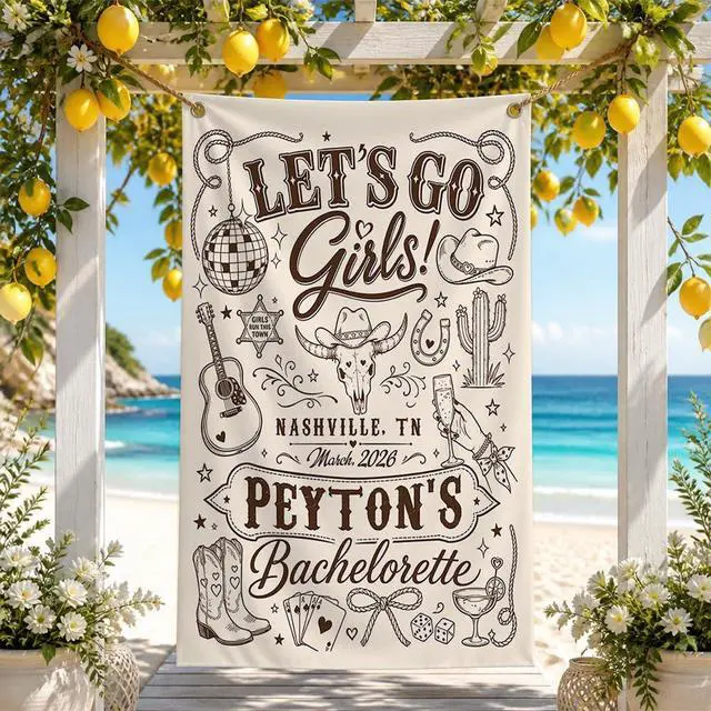 Alt view image 2 of 7 - Personalized Lets Go Girls Bachelorette Banner Backdrop Custom Name Location Date Bride To Be Western Cowgirl Nash Bach Party Photo Backdrop Bridal Shower Hen Party Girls Night Decor Sign Art