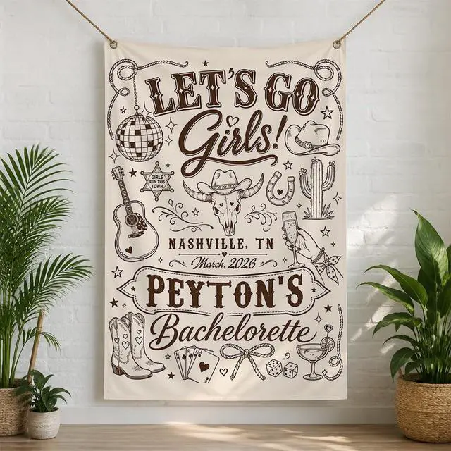 Alt view image 3 of 7 - Personalized Lets Go Girls Bachelorette Banner Backdrop Custom Name Location Date Bride To Be Western Cowgirl Nash Bach Party Photo Backdrop Bridal Shower Hen Party Girls Night Decor Sign Art