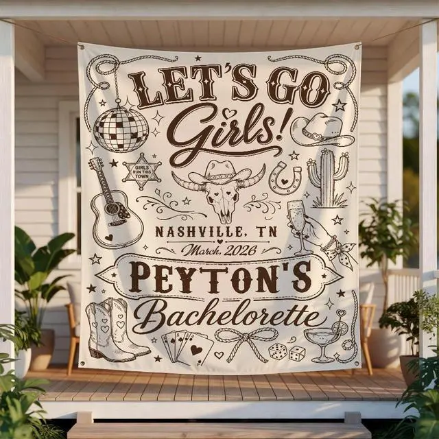 Alt view image 4 of 7 - Personalized Lets Go Girls Bachelorette Banner Backdrop Custom Name Location Date Bride To Be Western Cowgirl Nash Bach Party Photo Backdrop Bridal Shower Hen Party Girls Night Decor Sign Art