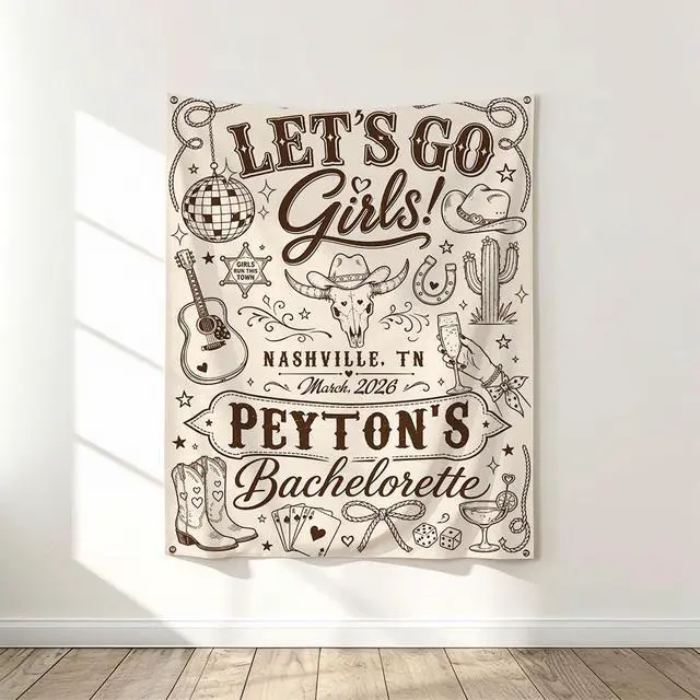 Alt view image 5 of 7 - Personalized Lets Go Girls Bachelorette Banner Backdrop Custom Name Location Date Bride To Be Western Cowgirl Nash Bach Party Photo Backdrop Bridal Shower Hen Party Girls Night Decor Sign Art
