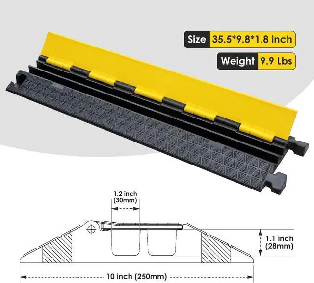 Alt view image 2 of 7 - 4-Pack Rubber Cable Protector Ramp 2-Channel | Heavy-Duty Floor Cord Cover for Driveway, Warehouse, Events - 22,000 lbs Load Capacity - Indoor & Outdoor Use