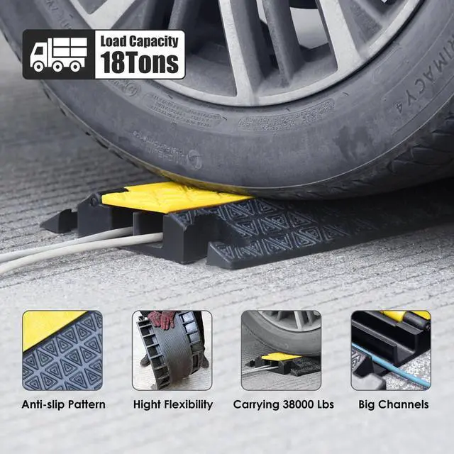 Alt view image 4 of 7 - 4-Pack Rubber Cable Protector Ramp 2-Channel | Heavy-Duty Floor Cord Cover for Driveway, Warehouse, Events - 22,000 lbs Load Capacity - Indoor & Outdoor Use