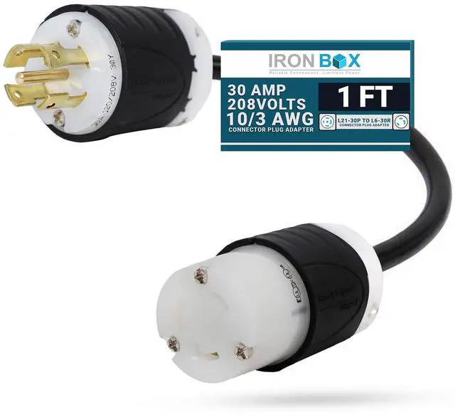 Main image of IronBox Electric - Heavy-Duty L21-30P to L6-30R Connector Plug Adapter - 10/3 AWG - 30 Amps and 208V Rated - Reliable Power Solution for Generators, Transfer Switches, and Industrial Equipment(1 foot)