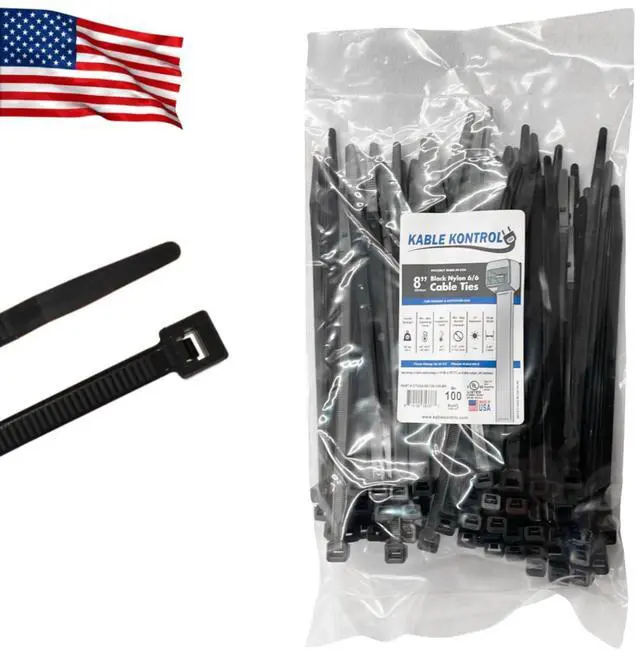 Main image of Made in USA Cable Ties, 8 Inch 100 Pcs, 120 Lbs Test Black | Self-locking Zip Ties UV Resistant Plastic Nylon Wire Ties, for Indoor or Outdoor Use