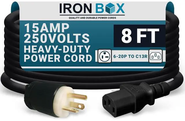 Main image of IronBox Electric - NEMA 6-20P Plug to IEC C13 Power Cord - 15A/250V, 14/3 AWG - UL Listed Heavy Duty Power Cord - Replacement Cords for Monitor, Computer, Printer, Audio Speaker & More (8ft, Build)